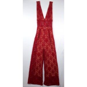 Nightcap Free People Fleur Lace Jumpsuit Red V Neck Stretchy Anthropologie 2